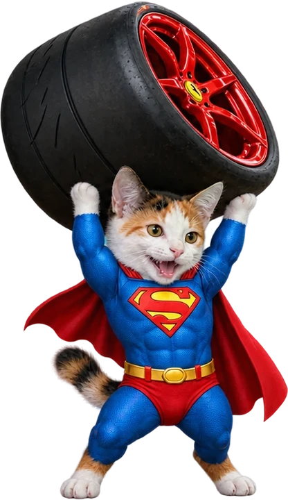 The super cat lifting a racing wheel over its head, shouting